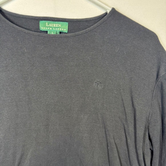 Lauren Ralph Lauren Long Sleeve Top Ribbed Knit Classic Logo Black L - Picture 2 of 8